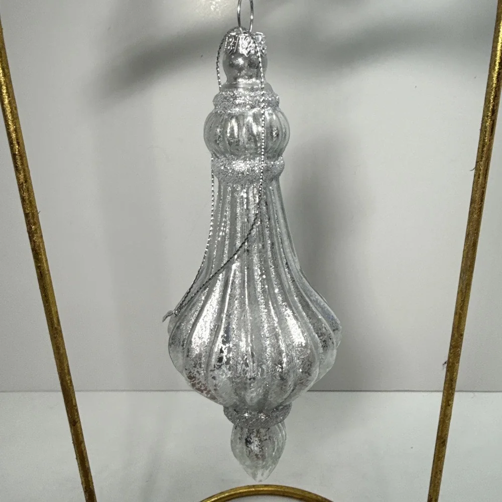 Set (2)‎ Silver and glittered mercury glass blown finial shaped ornaments 6 in